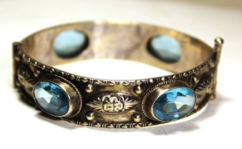 Antique Sterling Silver Hinged Bangle Bracelet W Large Blue Aqua Colored Stones