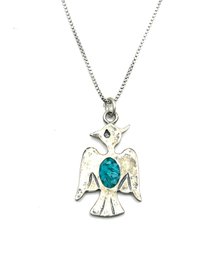 Vintage Sterling Silver Turquoise Color Bird Pendant On Italian Sterling Silver Chain