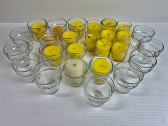 Large Lot Of Glass Candle Holders And Yellow Votive Candles (26)