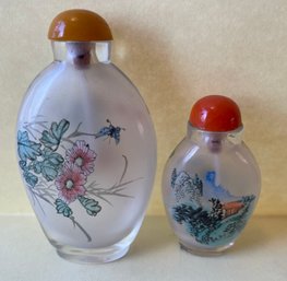 Two Vintage Hand Painted Glass Asian Snuff Bottles