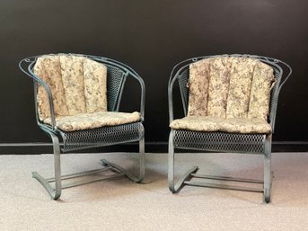 A Pair Of Vintage Outdoor Chairs In Metal, Mesh Seats