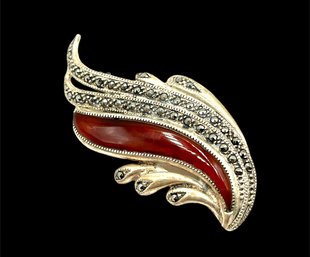 Vintage Sterling Silver Marcasite And Amber Brooch/pin