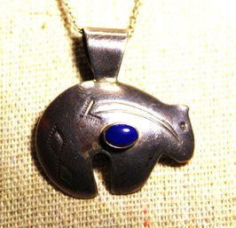 Southwestern Sterling Silver Bear Pendant W Lapis Stone On Chain Necklace