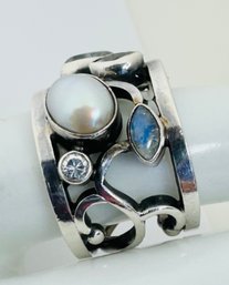 SIGNED FAB STERLING SILVER PEARL QUARTZ AND WHITE STONE WIDE BAND RING