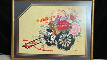 Hand Made Asian Silk Embroidery Art Flower Cart