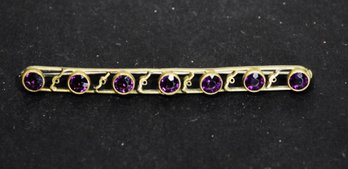 Victorian Gilded Brass Bar Pin Having Purple Glass Stones