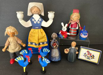 Assorted Item Lot From Sweden Most Marked: Candle Holder, 3 Wood Dolls, Sealed Deck Of Cards, More