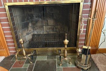 Brass Fireplace Screen, Tools & Andirons