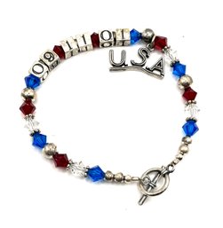 Sterling Silver 9/11 Red White And Blue With USA Pendant Bracelet