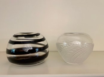 Signed Lalique Frosted Bowl & Signed Blown Glass Black Swirl