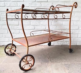 A Vintage Wrought Iron Glass Top Bar Cart - 1950's