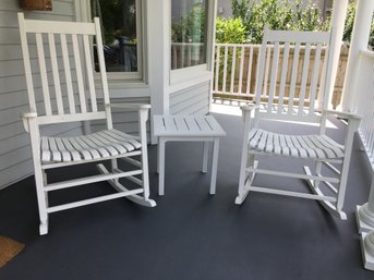 Two Fabulous Classic White Porch Rockers / Rocking Chairs Along With Side Table - Three Items For One Bid !