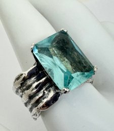 SIGNED SILPADA RETIRED ARTISIAN STERLING SILVER AQUA BLUE GLASS STATEMENT RING