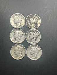 6 Mercury Dimes 1935, 1935-S, 1941, 1944, 1945, One Unknown Date