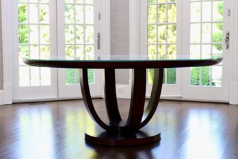 Century  Round Sunburst Circular Ring Pedestal Wood Table With Protective Glass Top