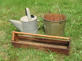 Wood Tool Tray, Vintage Water Can And Bucket