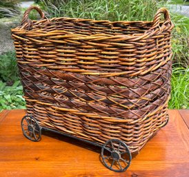 Bamboo Rattan Log Basket With Wheels -