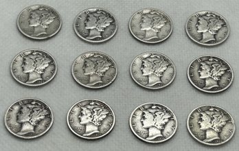 90 Percent Silver Mercury Dimes- Very Good Overall Condition- Solid Silver- 12 In All