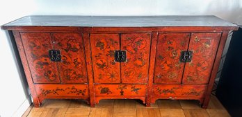 Antique Solid Wood Hand Painted Asian Side Board Buffet Cabinet With Bronze Hardware