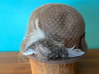 Tan Felted Wool Hat With Netting & Feathers