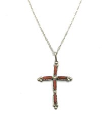 Vintage Sterling Silver Coral Color Cross Pendant On Sterling Silver Chain