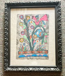 Vintage Mexican Folk Art In Carved Wood Frame