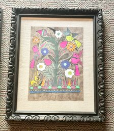 Vintage Mexican Folk Art In Carved Wood Frame