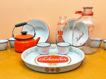 Enamelware, A Schaefer Beer Tray, And Vintage Milk Bottles