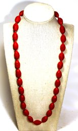 Antique Chinese Carved Cinnabar Red Beaded Necklace Silver Clasp 24'