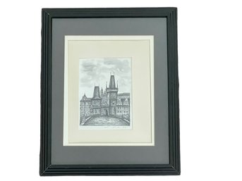 1992 Etching Of The Charles Bridge In Prague, Signed. Framed Under Glass