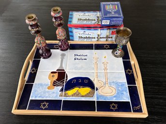 Shabbat Ready - Tray, Candlesticks, Kiddush Cup And Candles