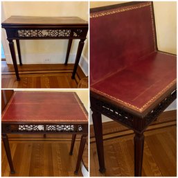 Antique Leather Topped Folding Game Table With Lattice Front