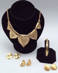 GOLDTONE JEWELRY LOT: Designer Leaf Necklace, Bracelet, Pierced Earrings
