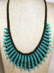 Contemporary Micro Glass Beaded Necklace Turquoise Color Beads 16'