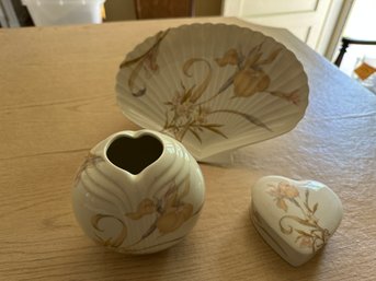 3 Pc. Set Porcelain - Vase, Trinket Box And Tray