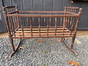 A Vintage Wooden Baby Cradle & Bedding