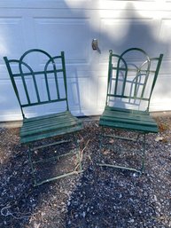 2 Green Metal And Wood Bistro Patio Folding Chairs 16x15x35' Seat 18'