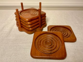 Complete Set Of Vintage Goodwood Genuine Teak Coasters With Stand