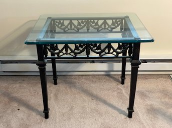 A Lovely Side Table With A Decorative Metal Frame & Beveled Glass Top