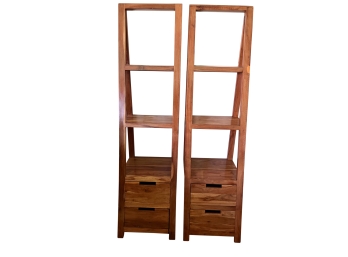 Pair Of Rustic Cedar Wood Ladder Shelves With Storage Drawers