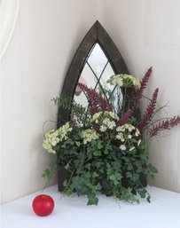 Decorative Cathedral Window Mirror Planter Box W/artificial Floral Arrangement