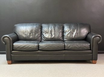 A Quality Sofa In Black Leather By Ethan Allen