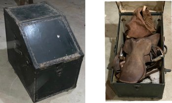 Antique Trunk With Horse Equipment ~ Saddle, Chaps, Brushed, Leads & More