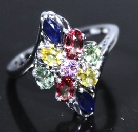 FINE STERLING SILVER LADIES RING HAVING GENUINE GEMSTONES MULTI COLORED SIZE 8