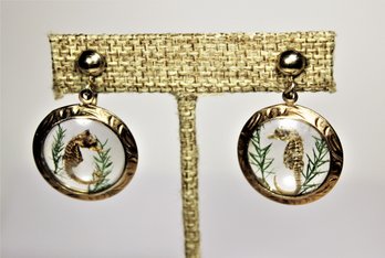 Vintage Gold Filled Glass Encased Tiny Genuine Seahorses Earrings