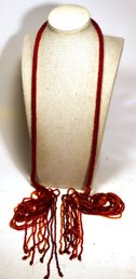 Fine Multi Strand Braided Micro Beaded Glass Lariat Necklace In Red 60' Long