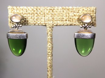 STERLING SILVER TOURMALINE AND MOONSTONE PIERCED EARRINGS