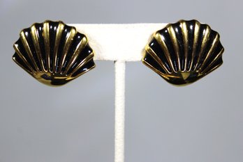 Pair Vintage 1980s Signed NAPIER Black Enamel Gold Tone Shell Formed Pierced Earrings