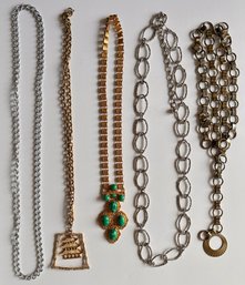 4 Large Chain Necklaces & 1 Chain Belt, Some Vintage