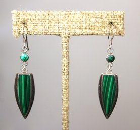 STERLING SILVER PAIR MALACHITE DROP PIERCED EARRINGS